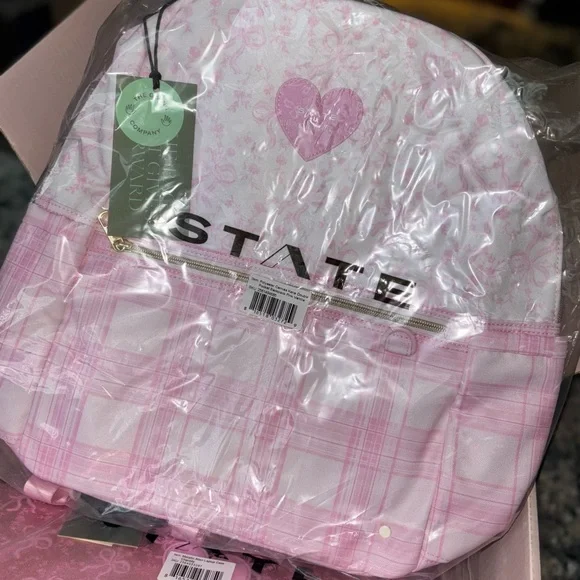 LoveShackFancy state pink coquette bow and gingham print backpack bag - Picture 6 of 12